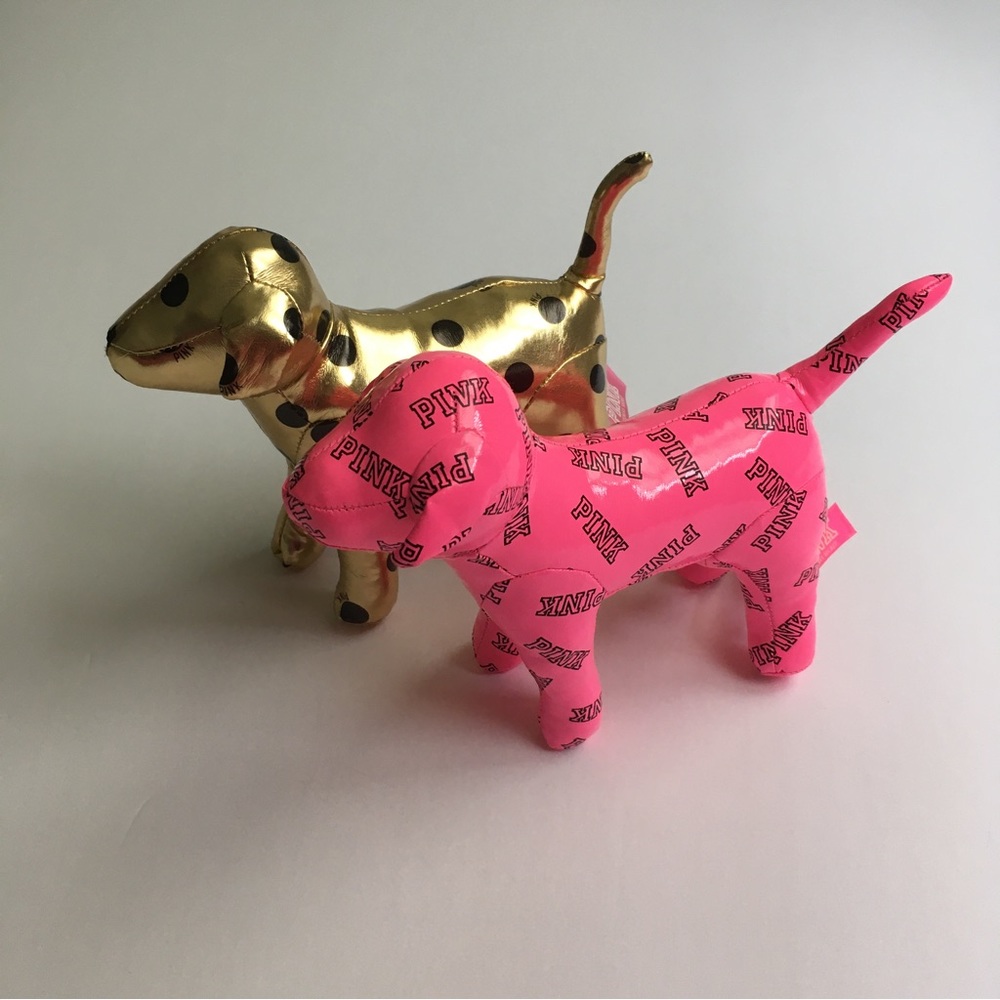 Victoria's Secret PINK bundle of 2 stuffed dogs pink black gold